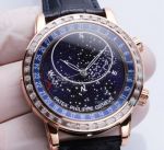 Copy Patek Philippe Sky Moon Celestial Star Dial Black Leather Strap Watch Diamonds Bezel